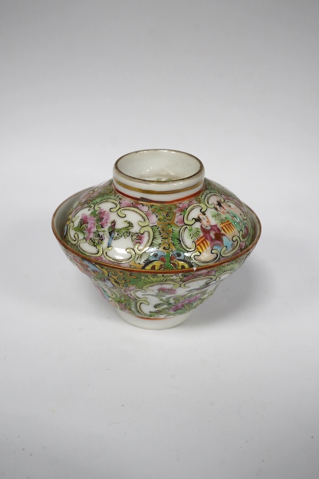 A Chinese crackle-glaze censer and two tea bowls and covers, censer 10cm wide. Condition - good